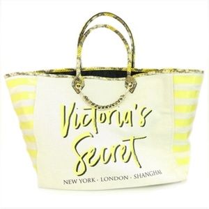 NWT Victoria's Secret Canvas & Yellow Snake Print New York London Shanghai Tote